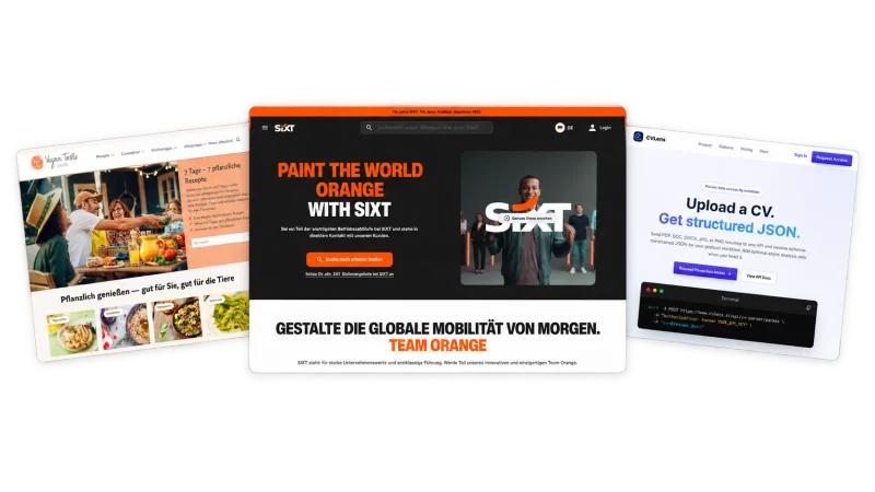 Portfolio mit SIXT Jobs in der Mitte, Vegan Taste Week links und CVLens rechts